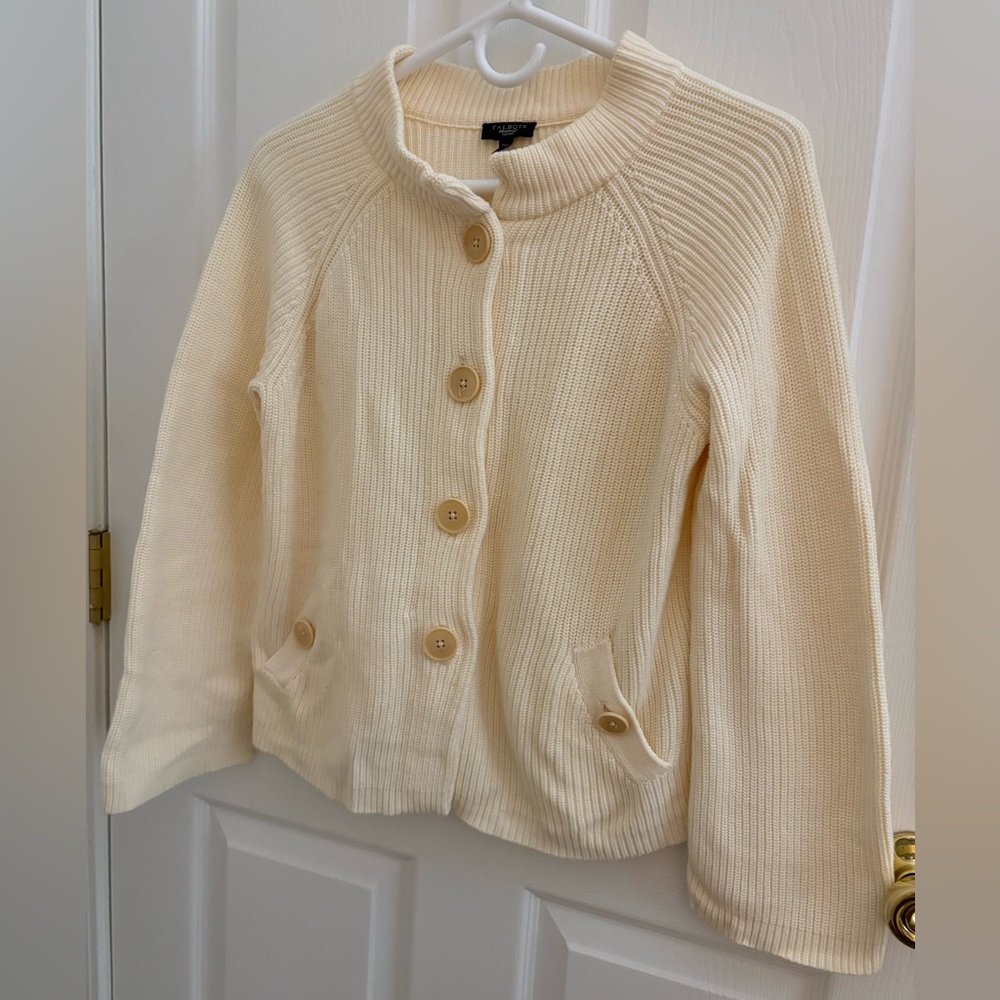 TALBOTS Petites Cotton Blend Cardigan Sz Small, Cream